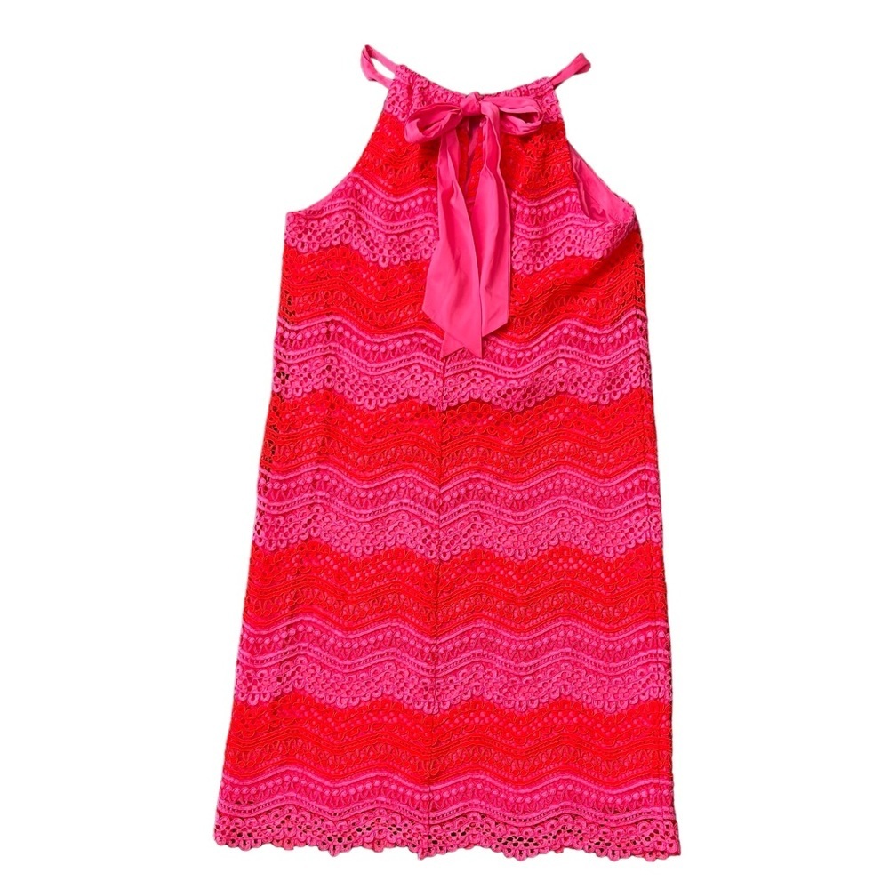 NWT Trina Turk pink, red chevron lace retreat dress halter size XS Barbiecore - Picture 7 of 8